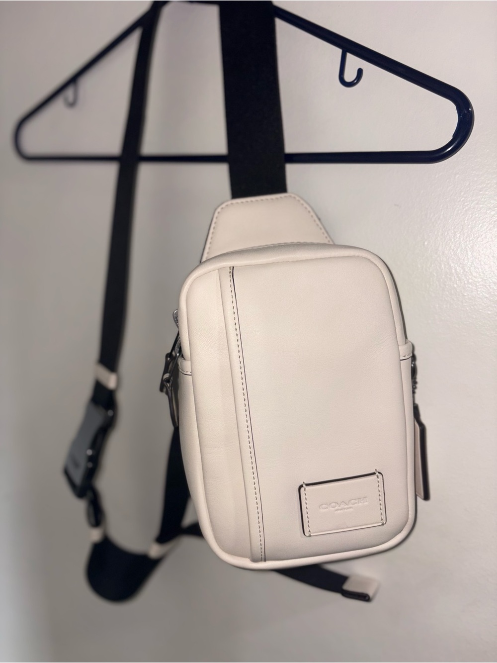 Coach Cream Beige Leather Crossbody Belt Bag with Black Strap